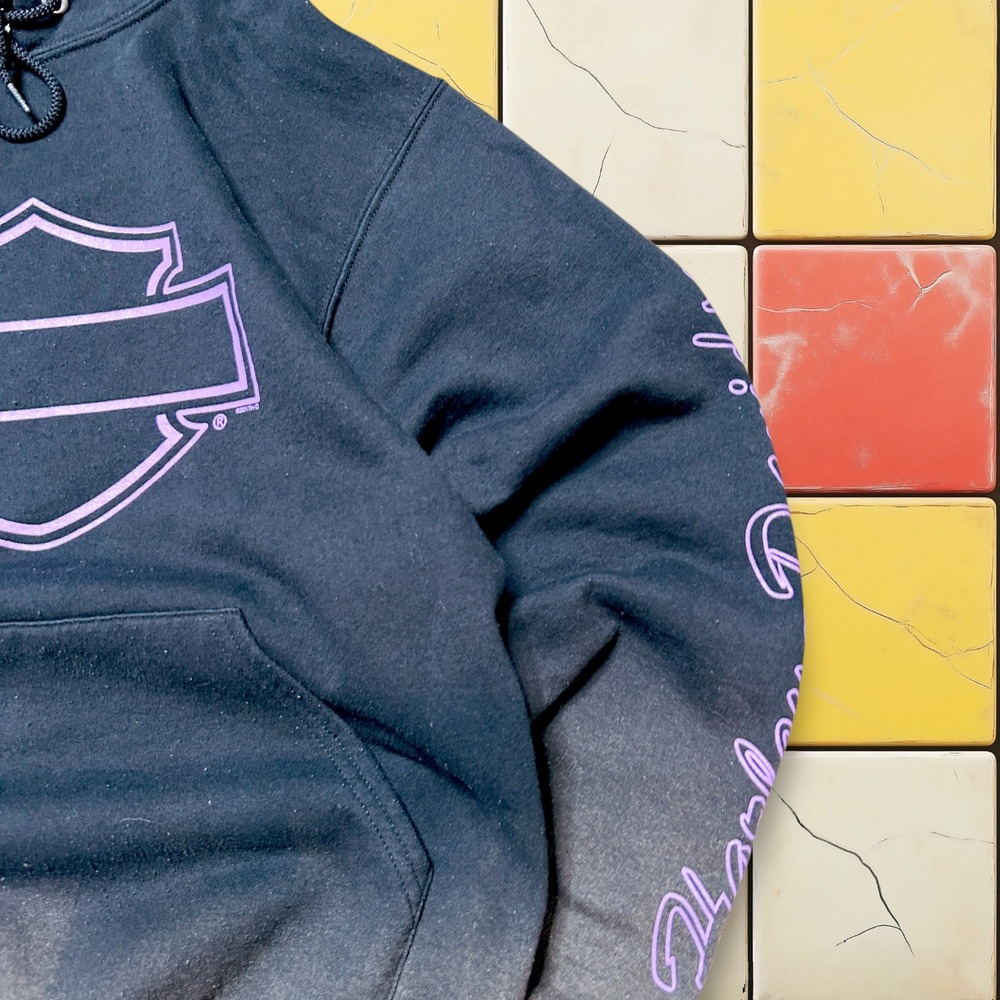 VTG Harley Davidson Faded Hoodie Sweatshirt Y2K Woman S Black‎ Purple Pullover - Picture 11 of 13